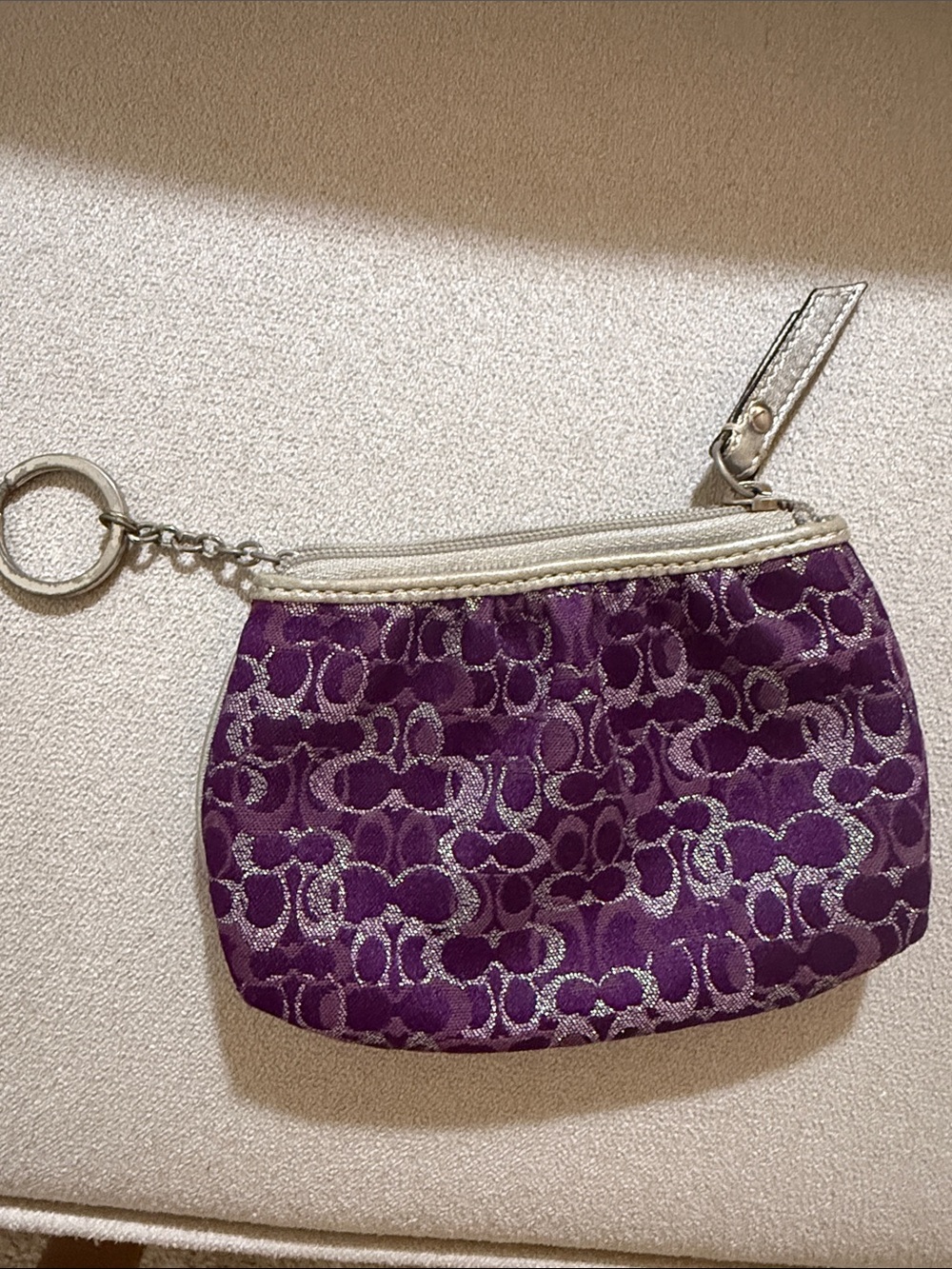 Coach Purple Signature Key Pouch with Silver Trim